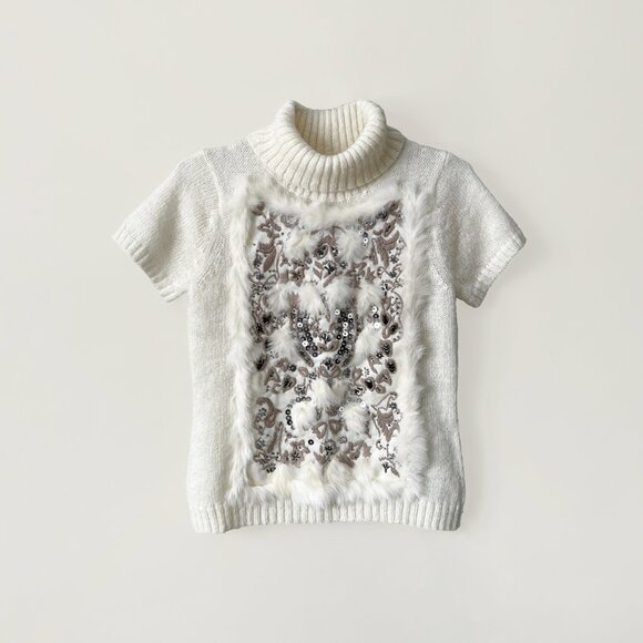 Japanese Brand Rabbit Fur Embellished Mohair Short-Sleeve Turtleneck Sweater - Picture 2 of 6